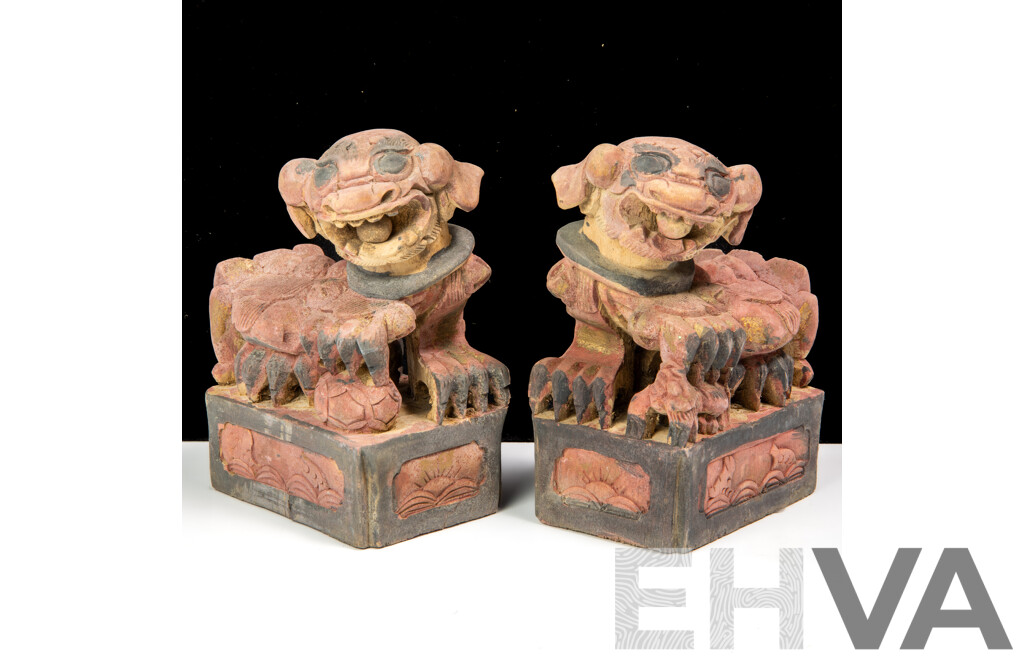 Pair Vintage Carved Wooden Temple Dogs, Baisha Village Lijiang, Yunnan Province