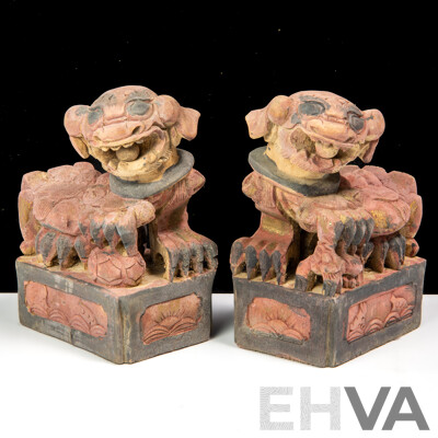 Pair Vintage Carved Wooden Temple Dogs, Baisha Village Lijiang, Yunnan Province