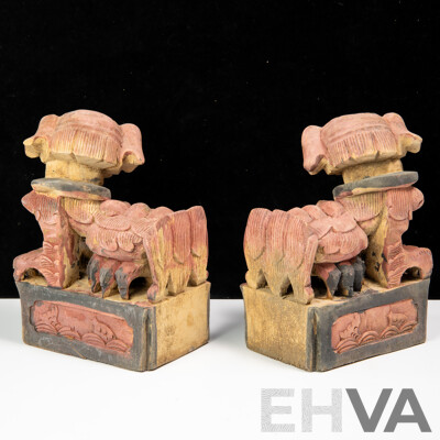 Pair Vintage Carved Wooden Temple Dogs, Baisha Village Lijiang, Yunnan Province