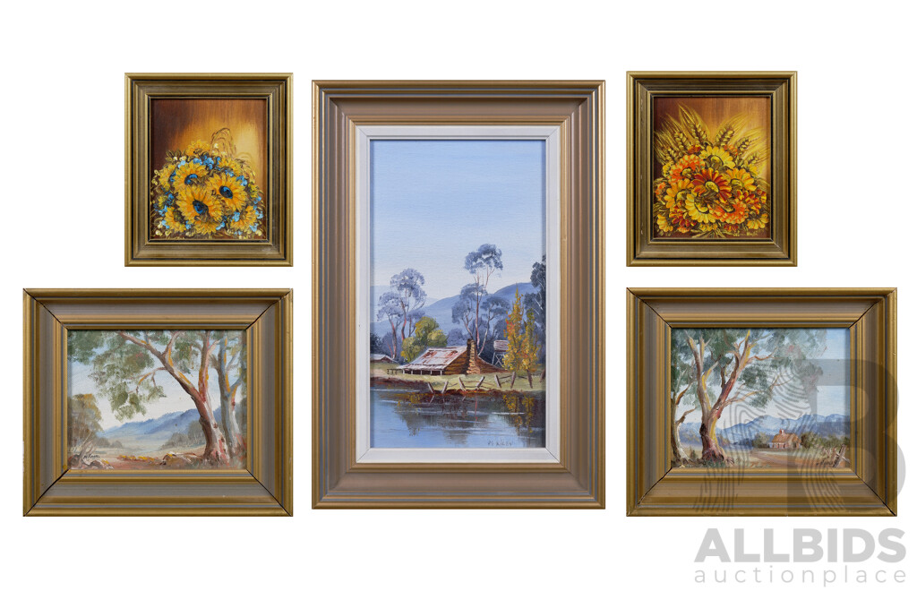 Five Australian Landscape Paintings including Nan Rogers, Edna Hope & Marcia Kirby, largest 24 x 13 cm (5)