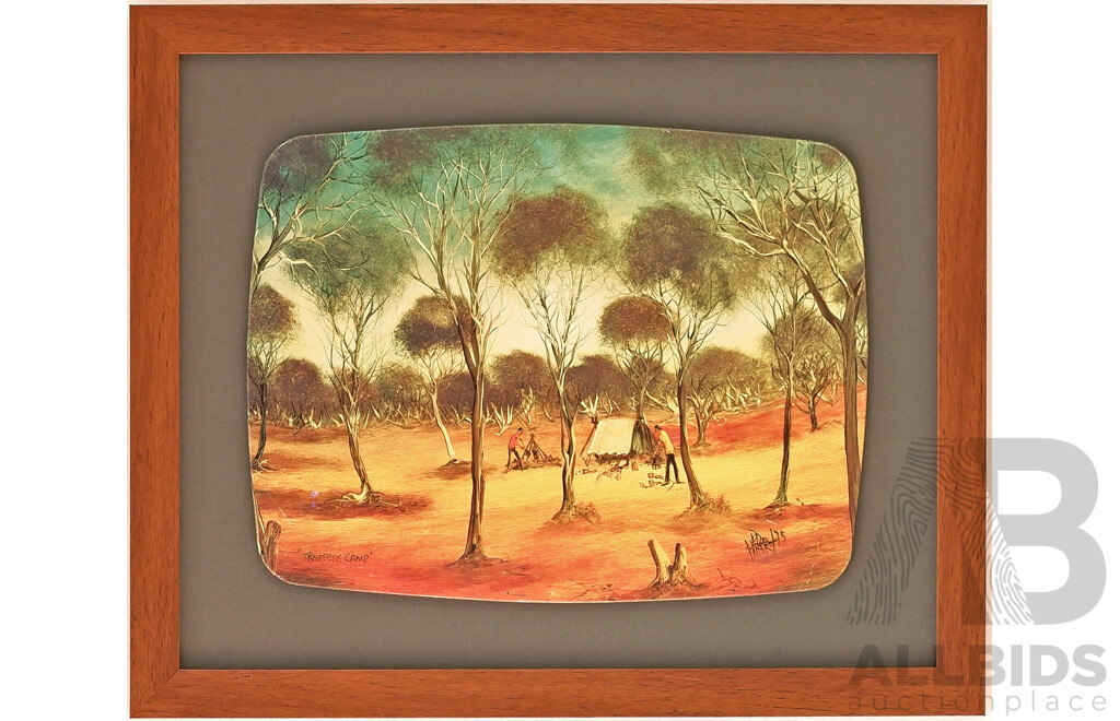 After Pro Hart, 'Trapper's Camp' 1975', Framed Offset Printed Willow Tin Tray, 42 x 50cm (frame)