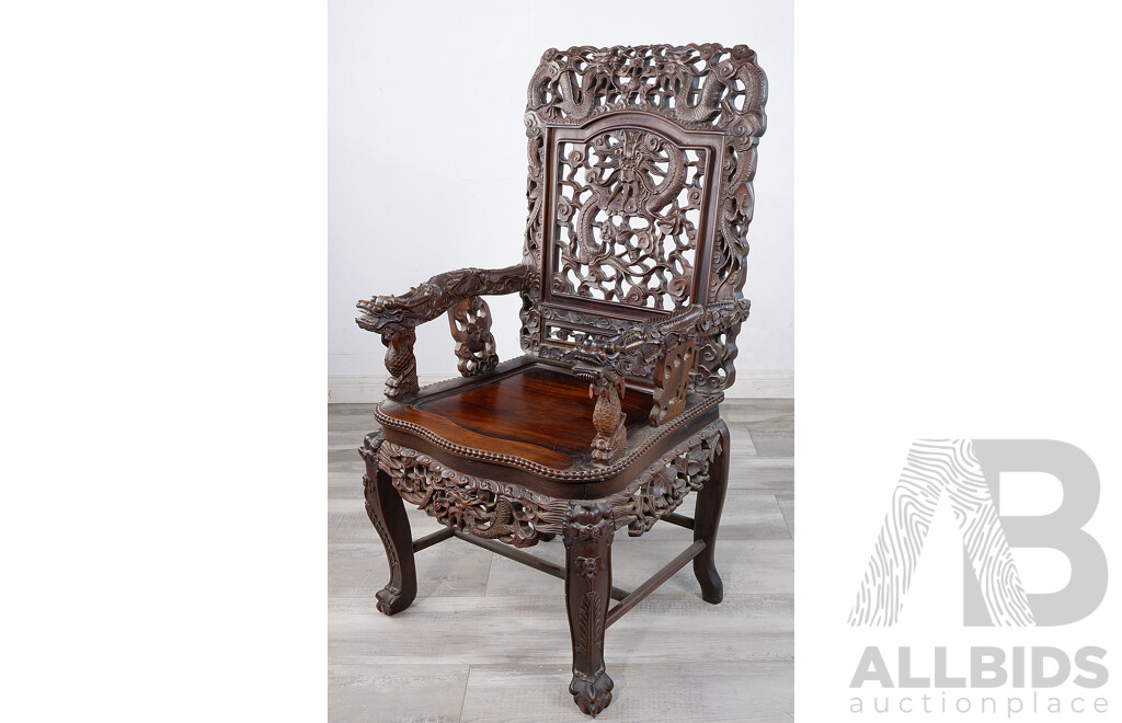 Antique Chinese Rosewood Armchair Carved and Pierced with Dragons, Clouds, and Bats, Circa 1900, Height 110cm