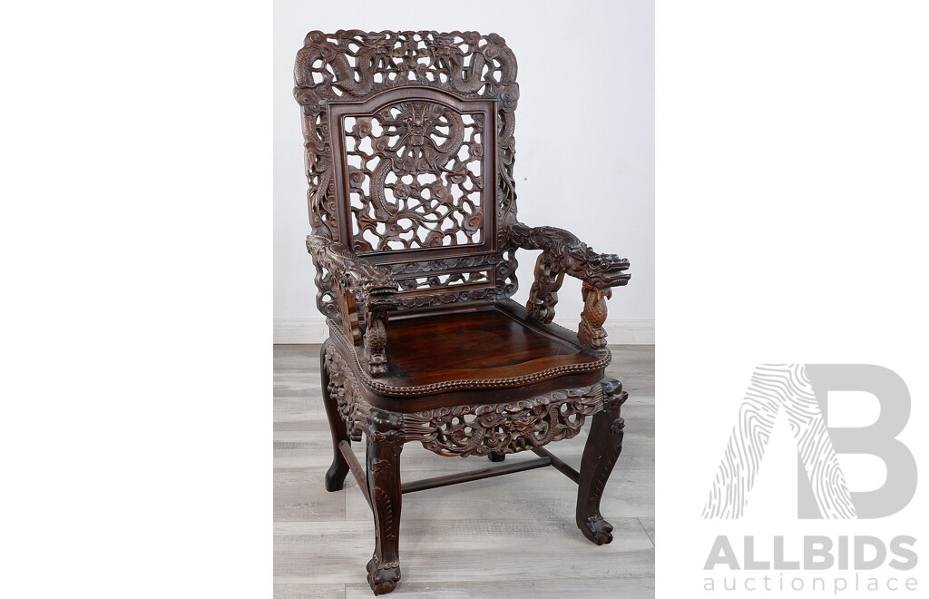 Antique Chinese Rosewood Armchair Carved and Pierced with Dragons, Clouds, and Bats, Circa 1900, Height 110cm