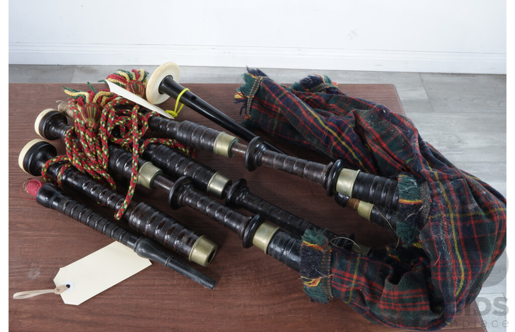 Vintage Scottish Bagpipe with Turned Wood Sections, Brass Fittings, in Case with Accessories and Tartan Hat