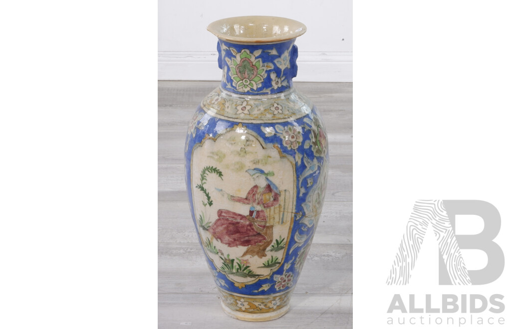 Large Vintage Persian Qajar Style Polychrome Glazed Fritware Floor Vase, Damaged
