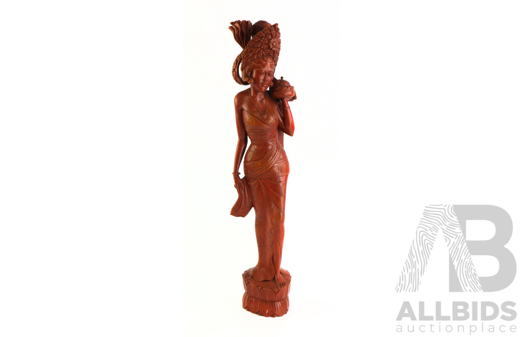 Hand Carved Balinese Wooden Statue of Girl in Traditional Costume on Lotus Base