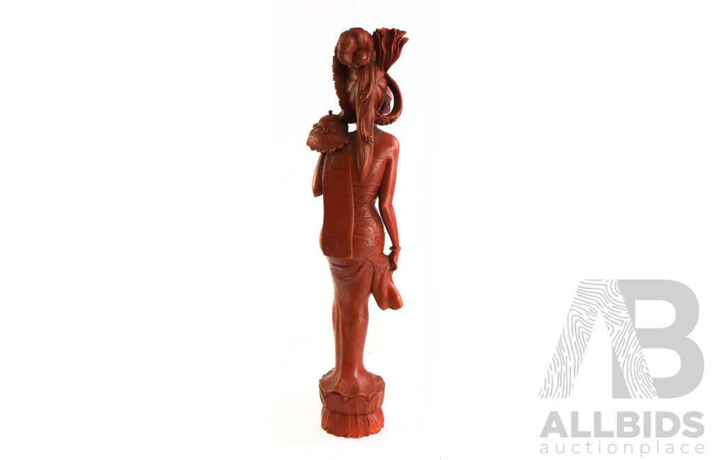 Hand Carved Balinese Wooden Statue of Girl in Traditional Costume on Lotus Base