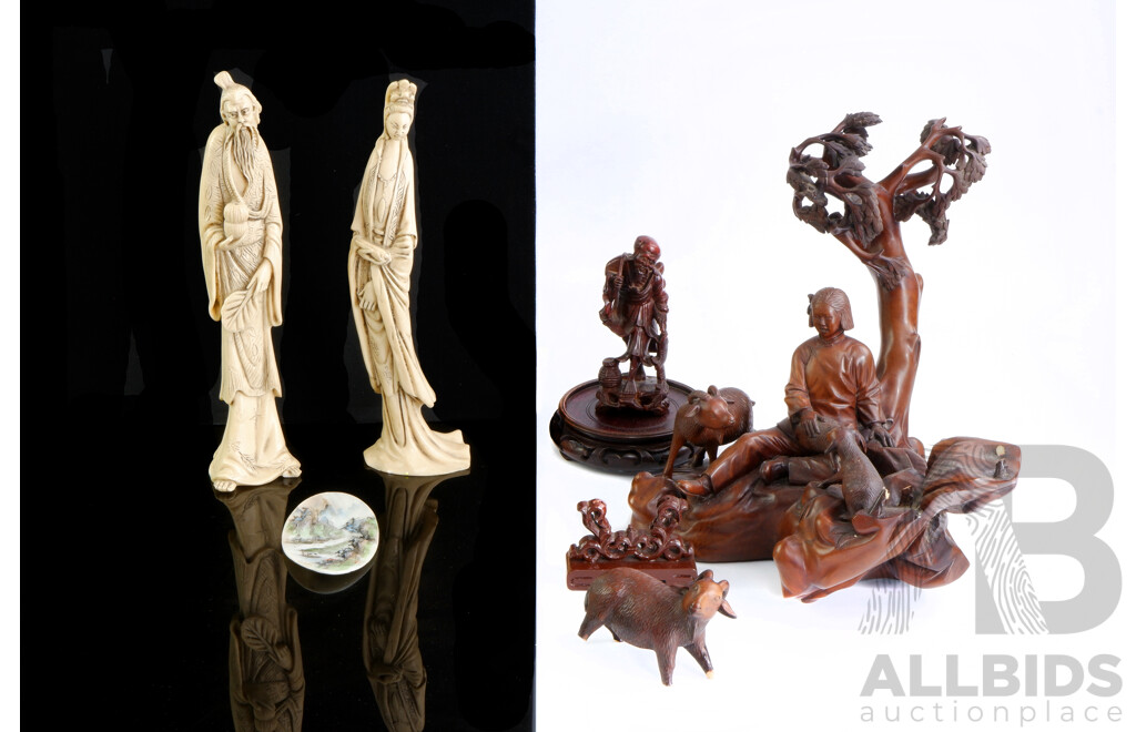 Collection Carved Chinese Wooden Pieces and Including Pair Carved Resin Statues, Hand Painted Shell Painting on Wooden Stand and More