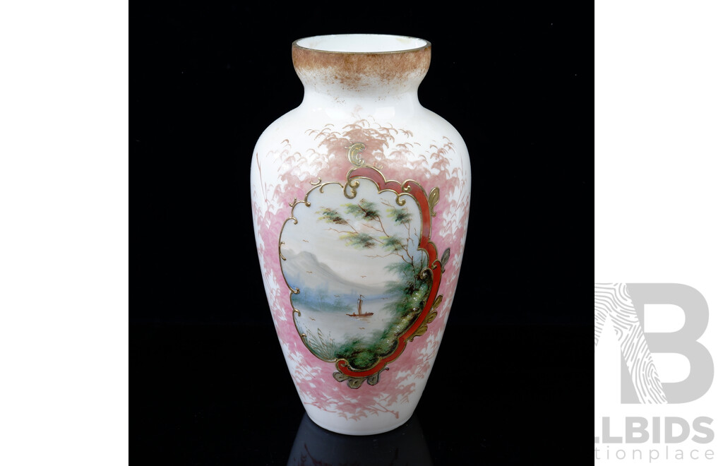 Antique Opaline Glass Vase with Hand Painted Water Scene
