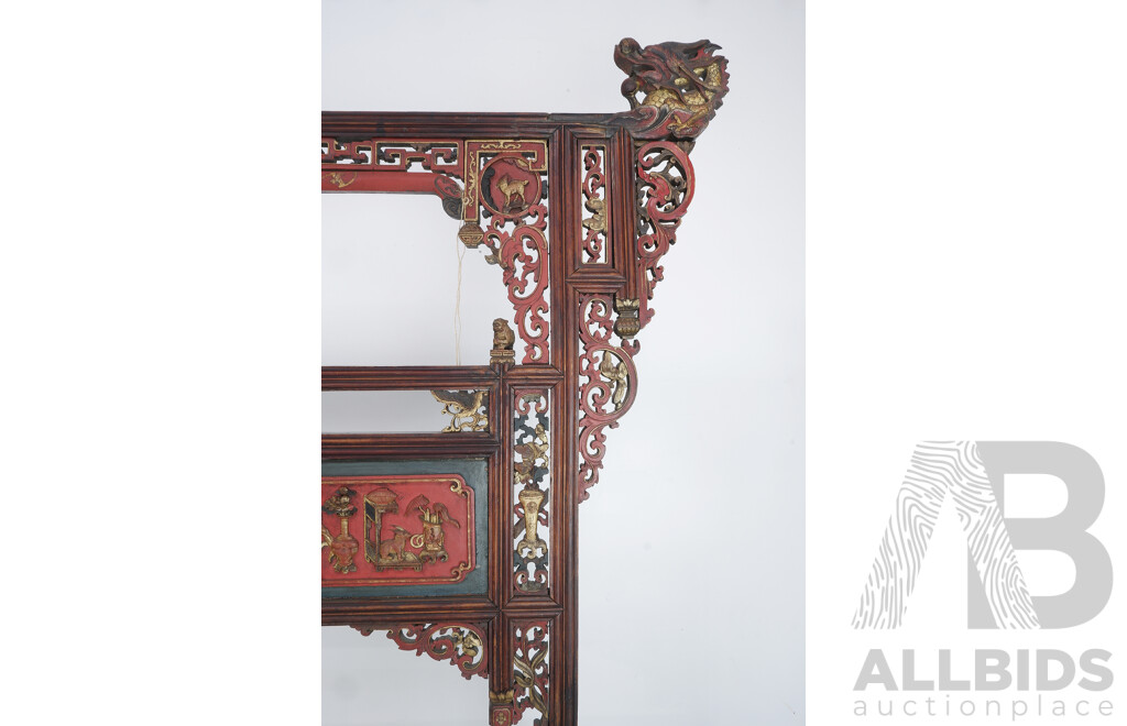 Antique Early 1900's Straits Chinese Peranakan Large Ornate Wooden Clothes Hanger with Dragon Form Gable Ends with Relief Carved and Polychrome Lacquered Panels, Circa 1900