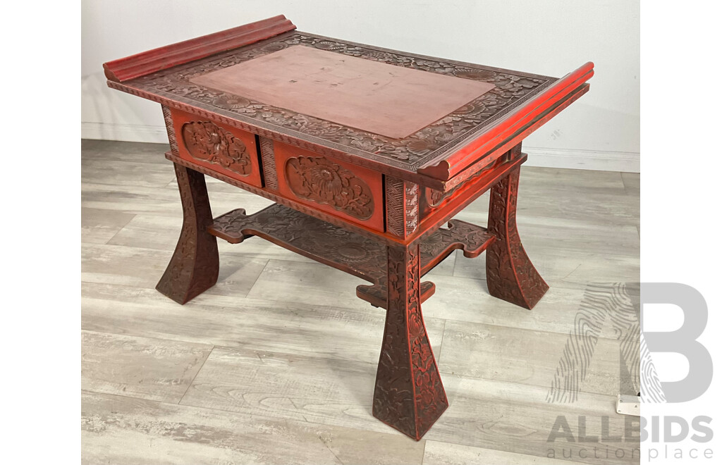 Fine Japanese Export Red Lacquer Centre Table with Drawers, Labelled Y. Hayahsi Nikko, Circa 1905, Probably Retailed by Liberty & Co.