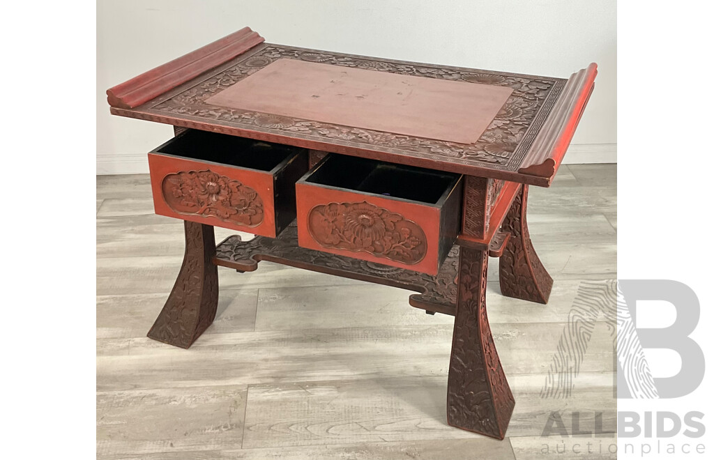 Fine Japanese Export Red Lacquer Centre Table with Drawers, Labelled Y. Hayahsi Nikko, Circa 1905, Probably Retailed by Liberty & Co.