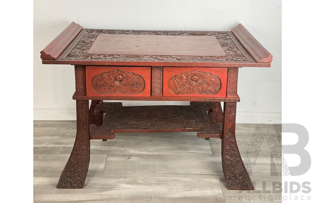 Fine Japanese Export Red Lacquer Centre Table with Drawers, Labelled Y. Hayahsi Nikko, Circa 1905, Probably Retailed by Liberty & Co.