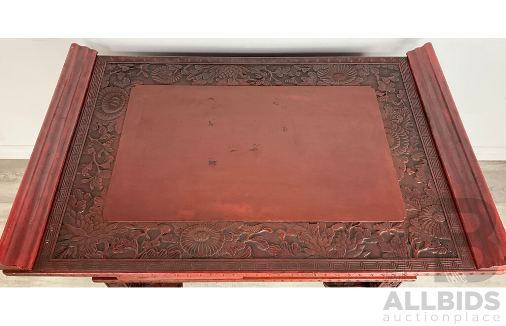 Fine Japanese Export Red Lacquer Centre Table with Drawers, Labelled Y. Hayahsi Nikko, Circa 1905, Probably Retailed by Liberty & Co.