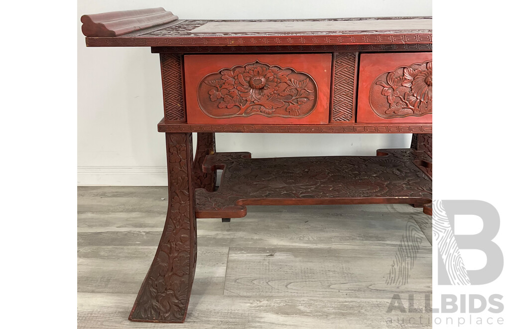 Fine Japanese Export Red Lacquer Centre Table with Drawers, Labelled Y. Hayahsi Nikko, Circa 1905, Probably Retailed by Liberty & Co.