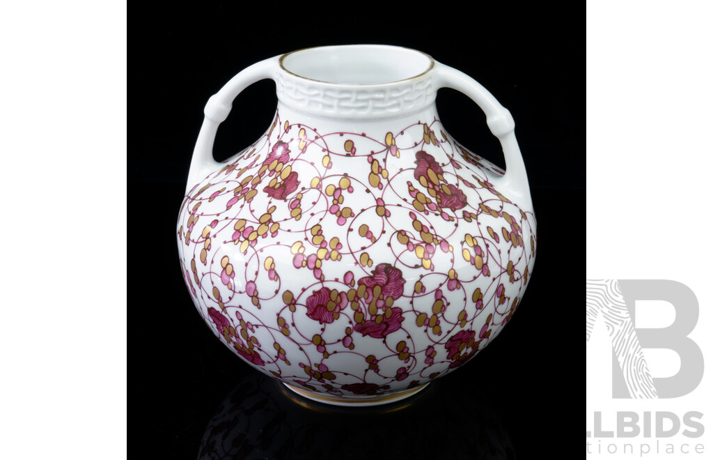 Antique German Secessionist Twin Handled Porcelain Vase with Relife Basket Weave Decoration to Rim and Stylised Foliate Scroll Work to Body by Adelbert Niemeyer for Nyphenberg Porclelain, 1905