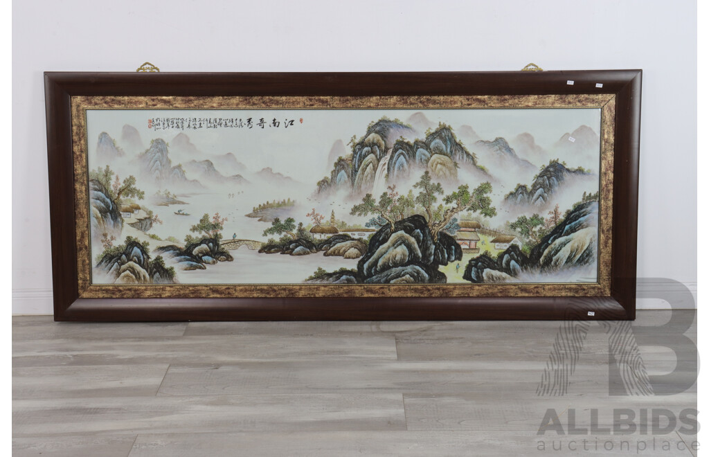 Very Large Framed Chinese Porcelain Plaque Hand Enamelled with a Mountain Lake and Inscription