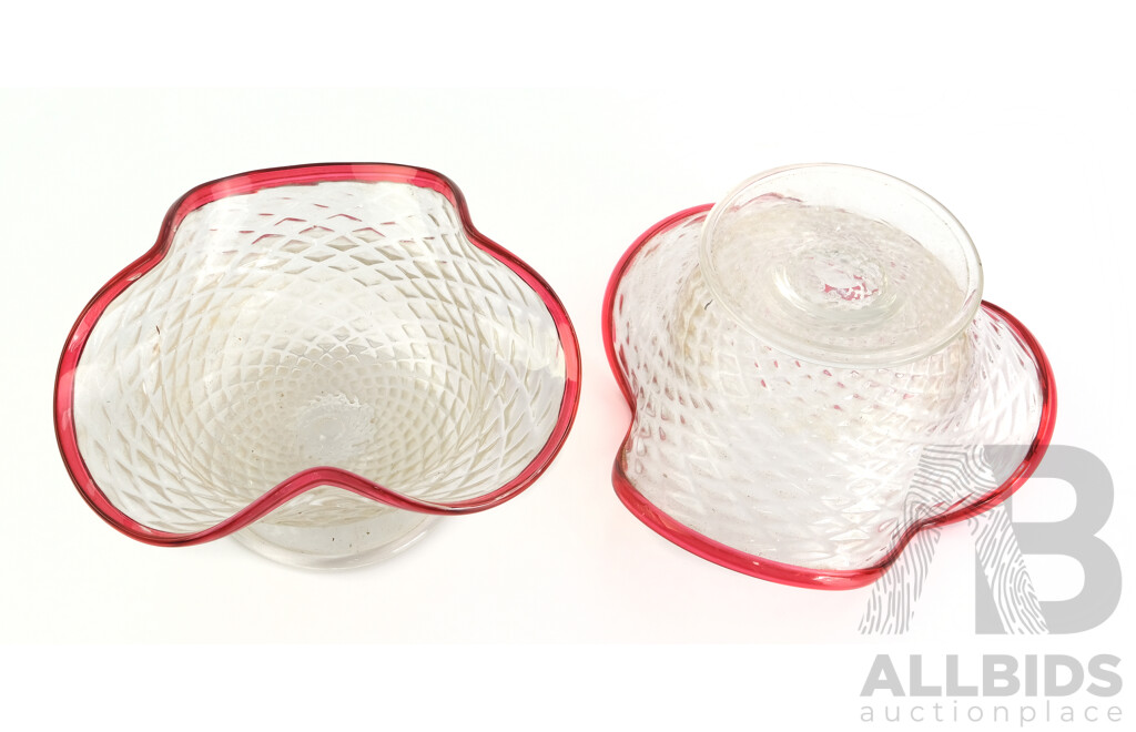 Pair Edwardian Quilted Glass Tazzas with Ruby Trailed Rims, Diameter 15cm