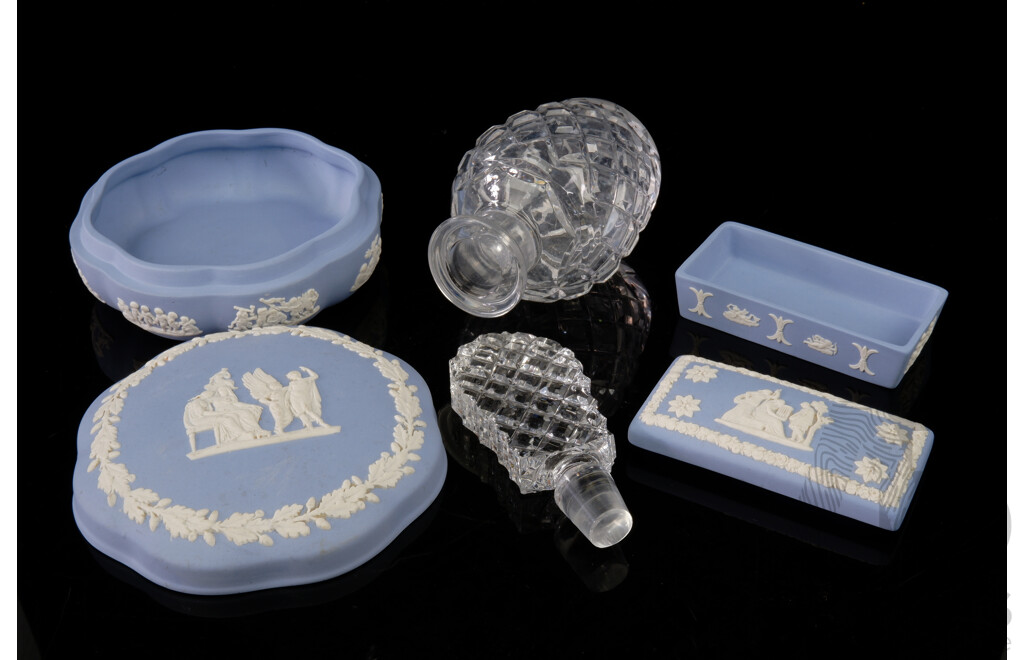 Two Wedgwood Jasper Ware Trinket Boxes Along with Hob Cut Crystal Scent Bottle
