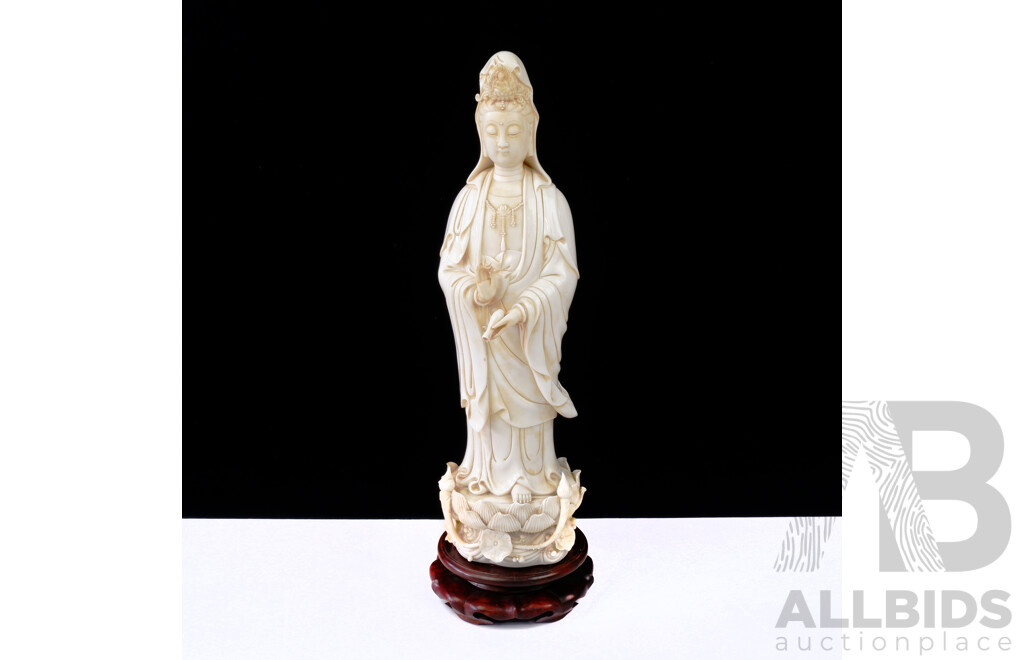 Chinese Dehua Porcelain Model of Guanyin on Rosewood Stand, Seal Marks to Back, Height 45cm