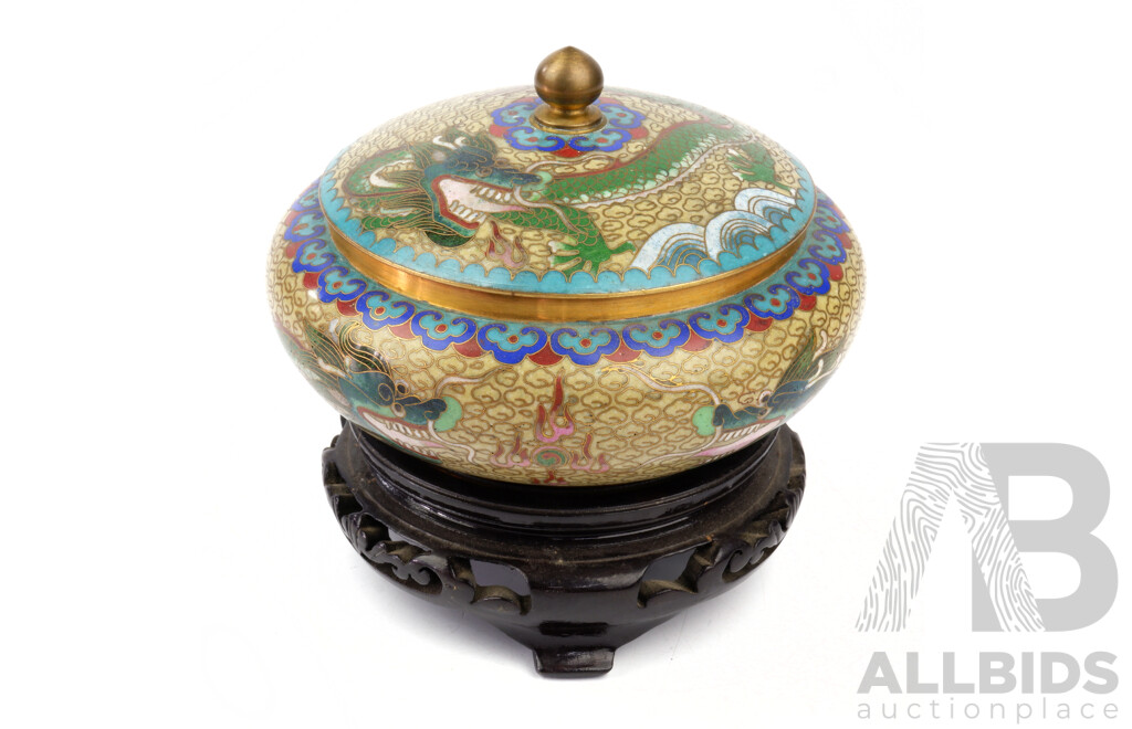Chinese Cloisonné Enamel Box and Cover on a Carved Wood Stand, Diameter 13cm