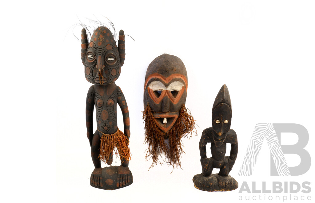 Two Vintage PNG Tribal Ancestor Figures with Shell Eyes, and a Mask with Animal Tooth, Tallest 55cm, (3)