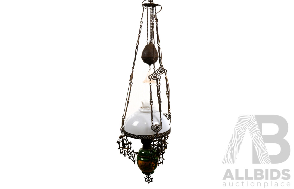 Antique Continental Art Nouveau Hanging Oil Lamp with Counterbalance Weight and Opal Glass Shade