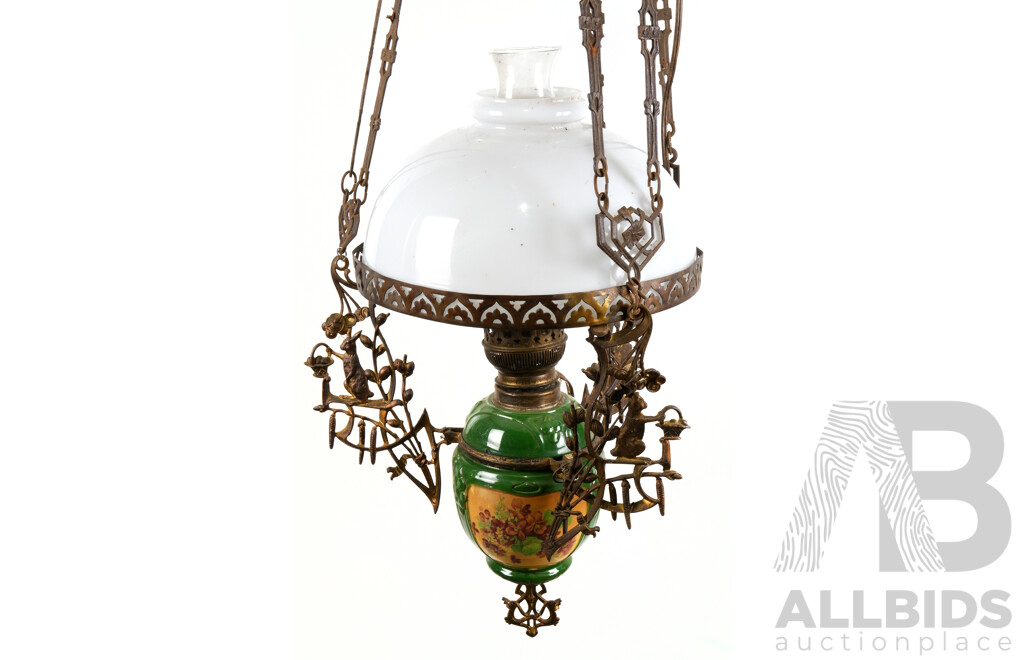 Antique Continental Art Nouveau Hanging Oil Lamp with Counterbalance Weight and Opal Glass Shade