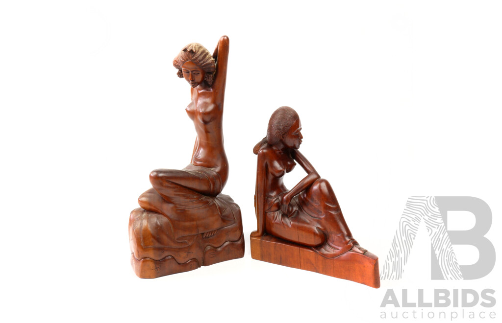 Two Good Balinese Mid-Century Mahogany Wood Carvings of Beauties, Tallest 34cm, (2)