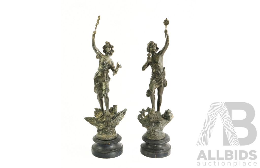 Pair of Antique Spelter Classical Figures Mounted on Turned Wood Socles, Height 47cm, (2)