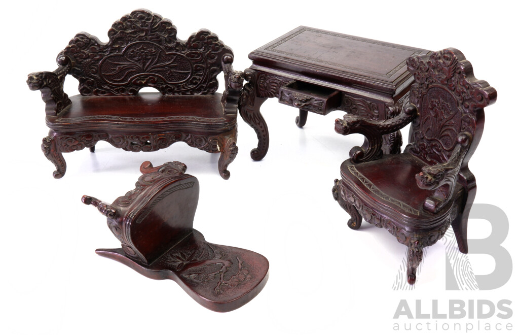 Good Suite of Japanese Export Carved Miniature Furniture, Meiji Period, Late 19th/Early 20th Century, Tallest 15.5cm, (4)
