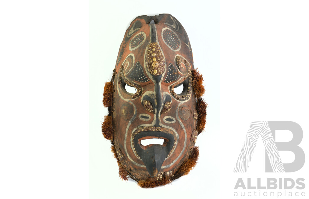 Vintage PNG Sepik Region Carved Wood, Ochre and Shell Decorated Mask with Fibre Bindings, Height 60cm