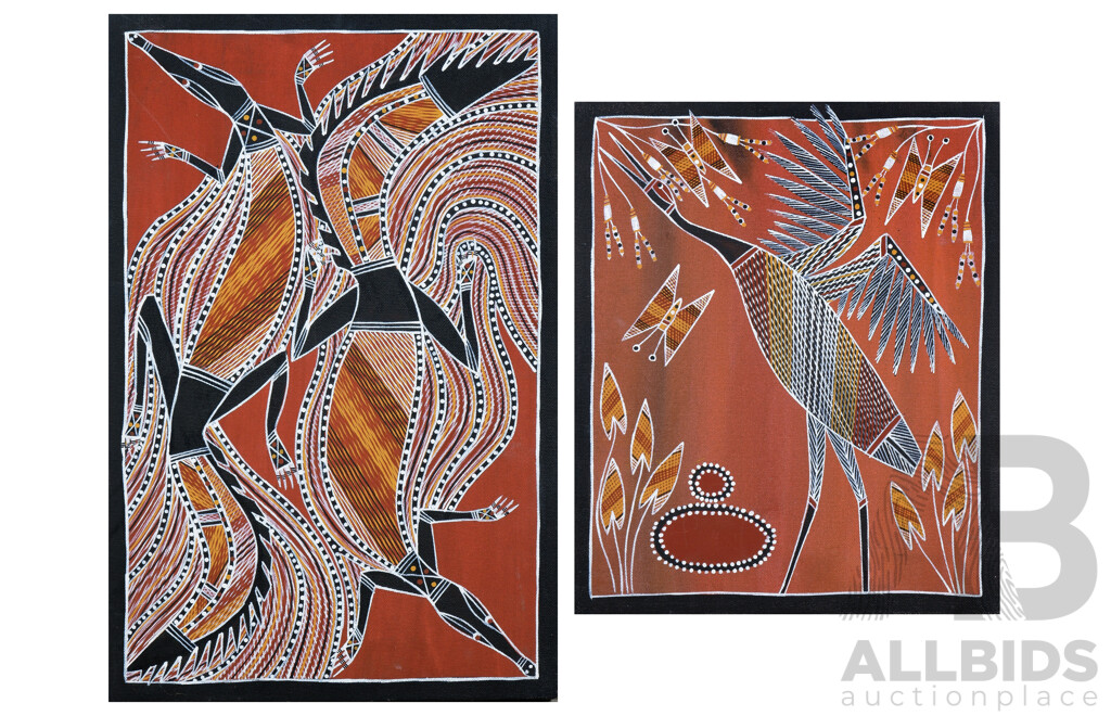 Bolda Hunter (Contemporary, Aboriginal), 'Brolga and Butterfly'; 'Nabilil Creating the South River', Acrylic on Canvas (2)