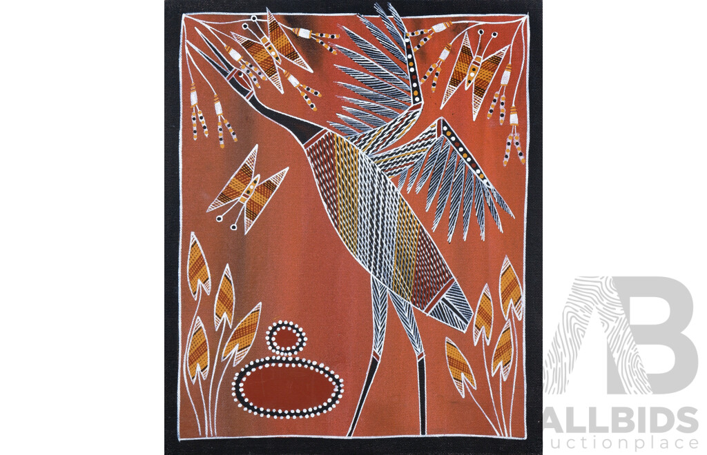 Bolda Hunter (Contemporary, Aboriginal), 'Brolga and Butterfly'; 'Nabilil Creating the South River', Acrylic on Canvas (2)