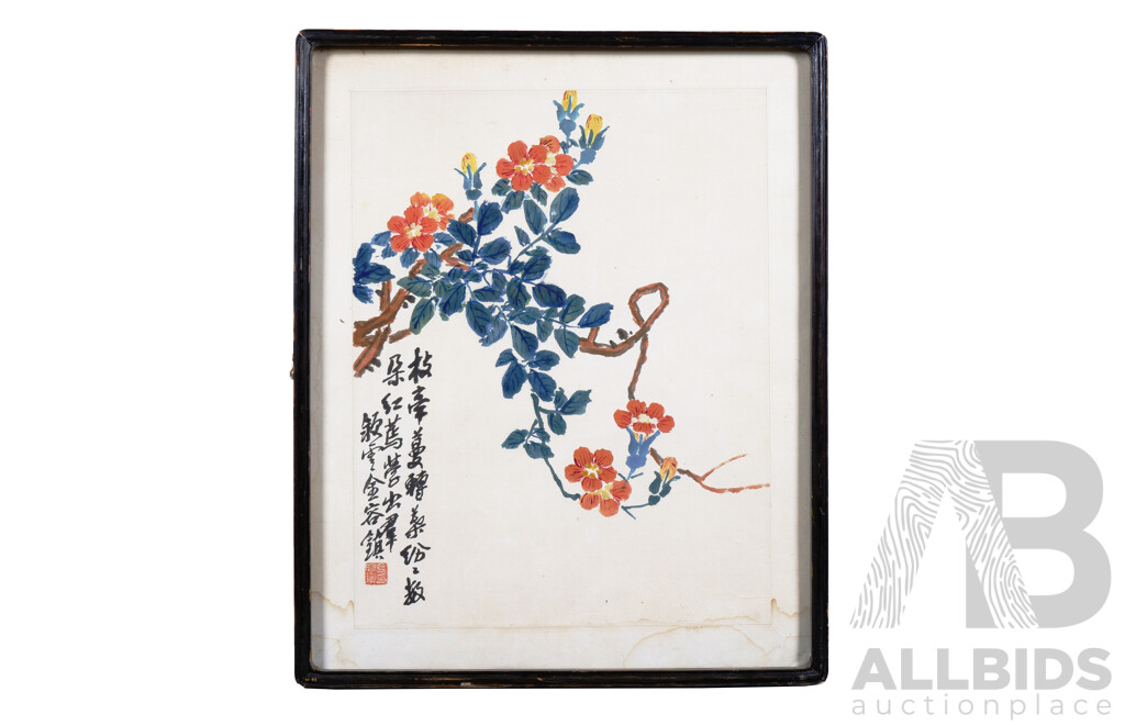 Framed Chinese Ink Painting, Flowers & Branch