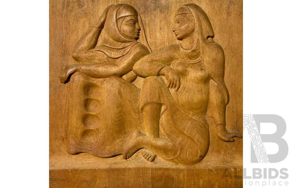 Hand-Carved Relief of Two Seated Women