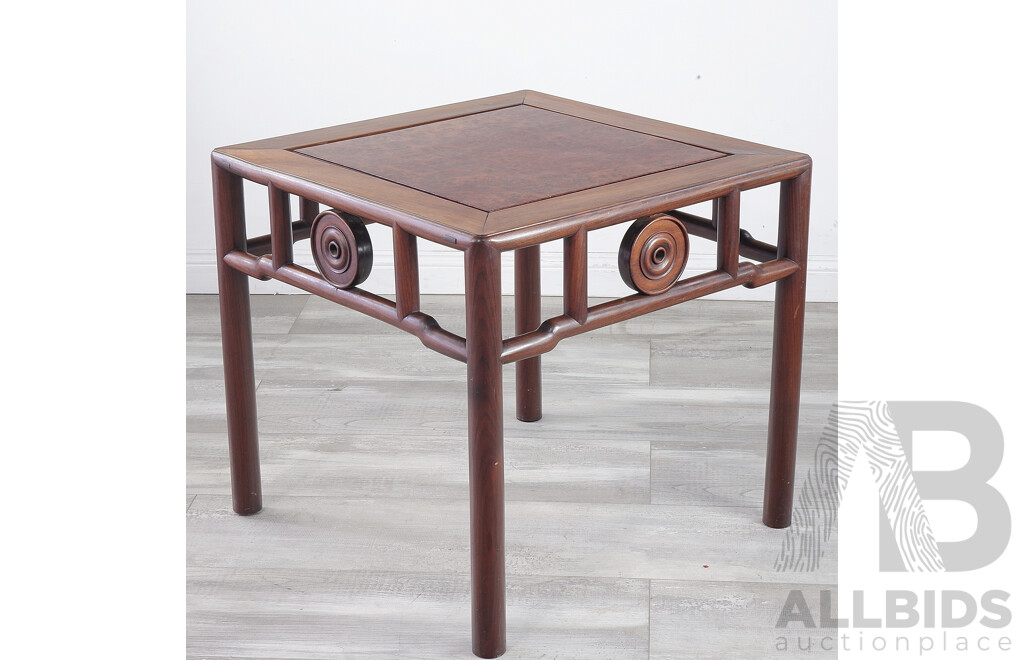 Good Chinese Rosewood and Burlwood Inset Low Square Table with Coin Motifs, Early to Mid 20th Century