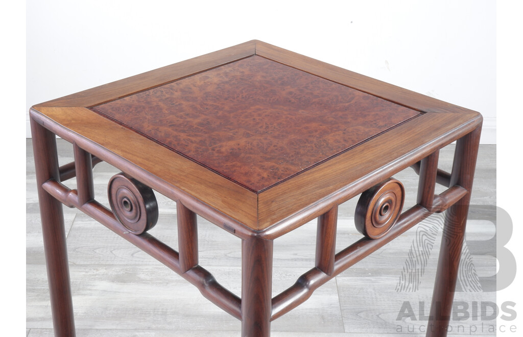 Good Chinese Rosewood and Burlwood Inset Low Square Table with Coin Motifs, Early to Mid 20th Century