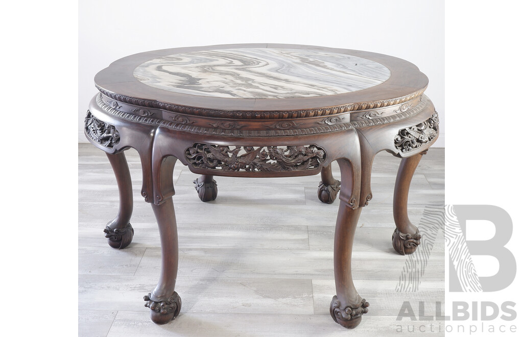 Fine Large Antique Chinese Hongmu Rosewood and Dali Marble Inset Centre Table Carved with Phoenix and Dragons, Circa 1900