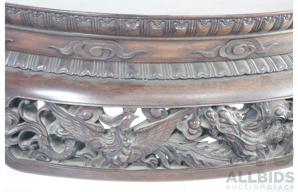 Fine Large Antique Chinese Hongmu Rosewood and Dali Marble Inset Centre Table Carved with Phoenix and Dragons, Circa 1900