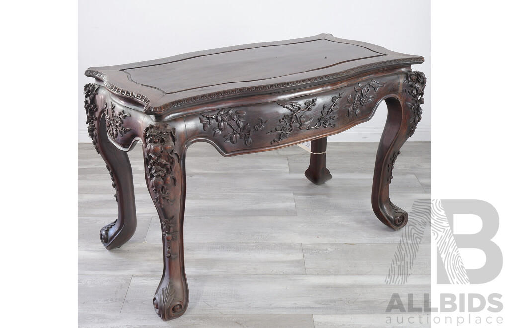 Fine Antique Chinese Hongmu Rosewood Centre Table Profusely Carved with Birds, Fruiting Branches and Flowers, Circa 1900