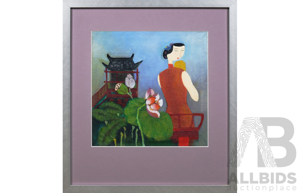 Contemporary Chinese School, Untitled (Woman and Lotus), Acrylic on Canvas