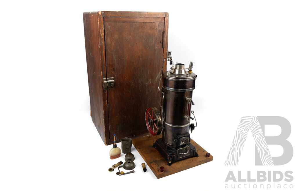 Large Antique German Gerbruder Bing Stationary Vertical Model Steam Engine with Original Burner and Stack, Includes Accessories