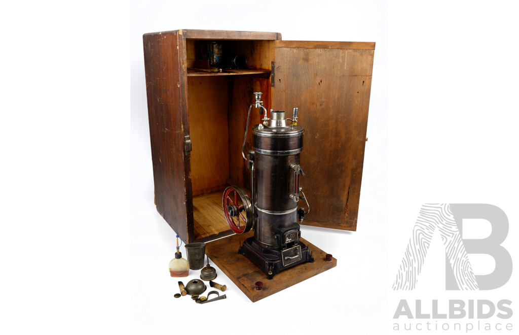 Large Antique German Gerbruder Bing Stationary Vertical Model Steam Engine with Original Burner and Stack, Includes Accessories