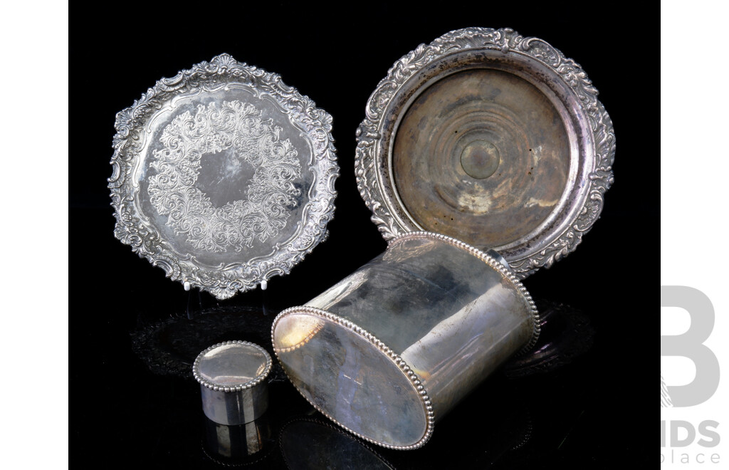 Victorian Sheffield Silver Plate Wine Coaster and Small Salver, SIlver PLate Tea Caddy