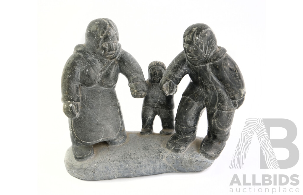 Hand Carved Soapstone Inuit Family Group, Signature to Base