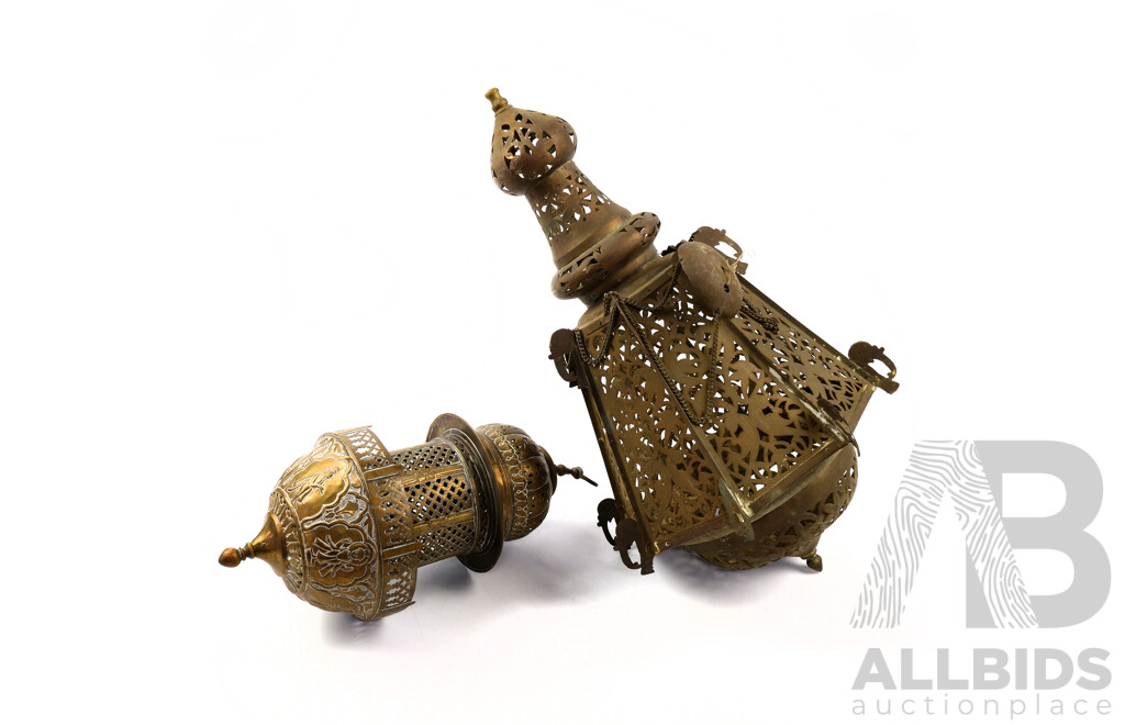 Two Antique Indo Persian Brass Hanging Lanterns