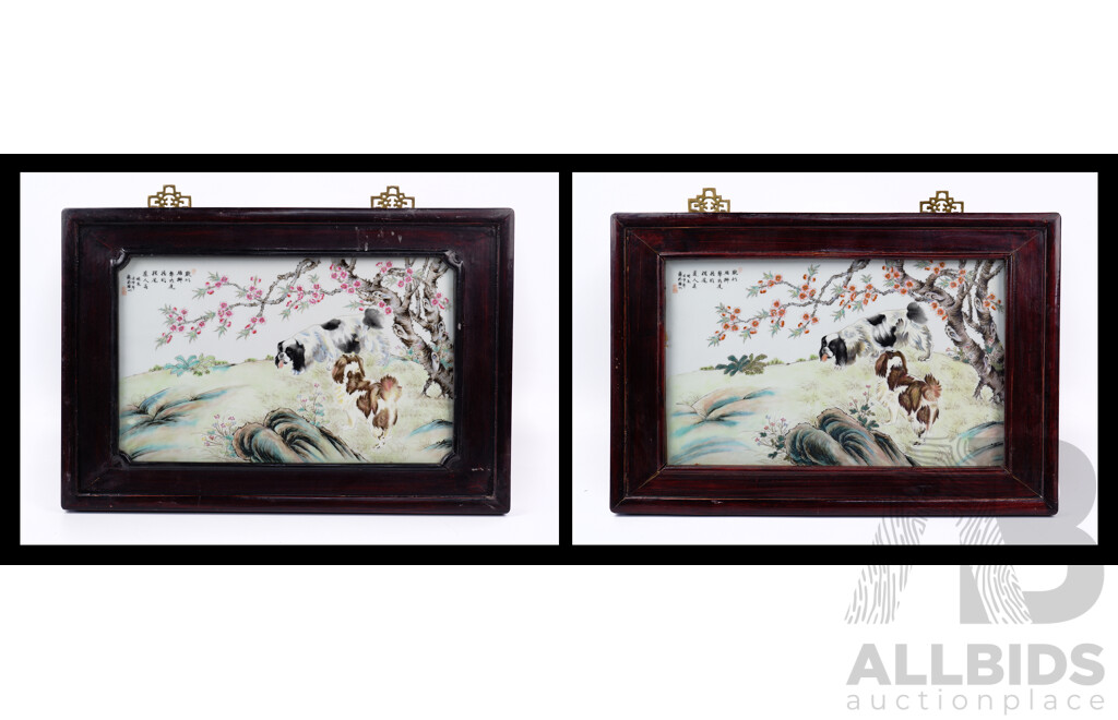 Pair Framed Vintage Chinese Hand Painted and Enameled Porcelain Plaques of Tibetan Spaniels