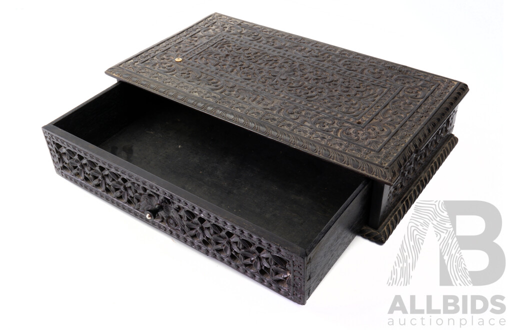 Antique Anglo-Indian Finely Carved Ebony Box, 19th C., Losses