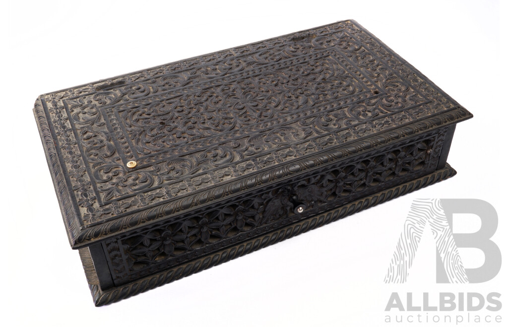 Antique Anglo-Indian Finely Carved Ebony Box, 19th C., Losses